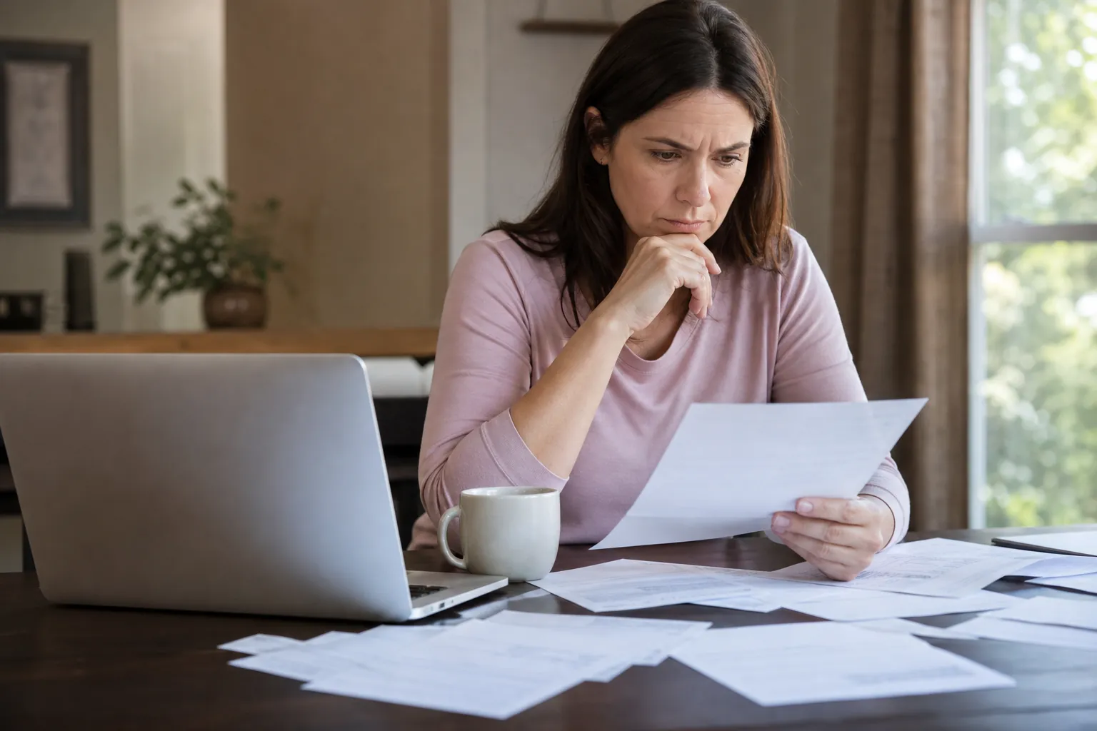 Concerned Woman Reviewing Paperwork Beside a Laptop A concerned woman reviews a sheet of paperwork at a table covered with documents, beside an open laptop and a mug.
