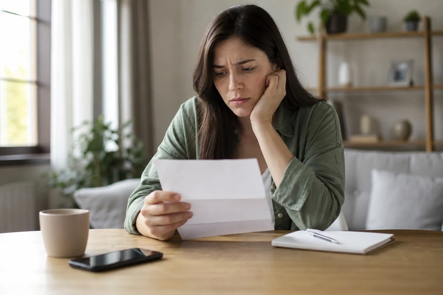 Worried Woman Reading a Letter at Home A worried woman reads a folded letter at a wooden table, resting her cheek on one hand beside a mug, phone and notebook.