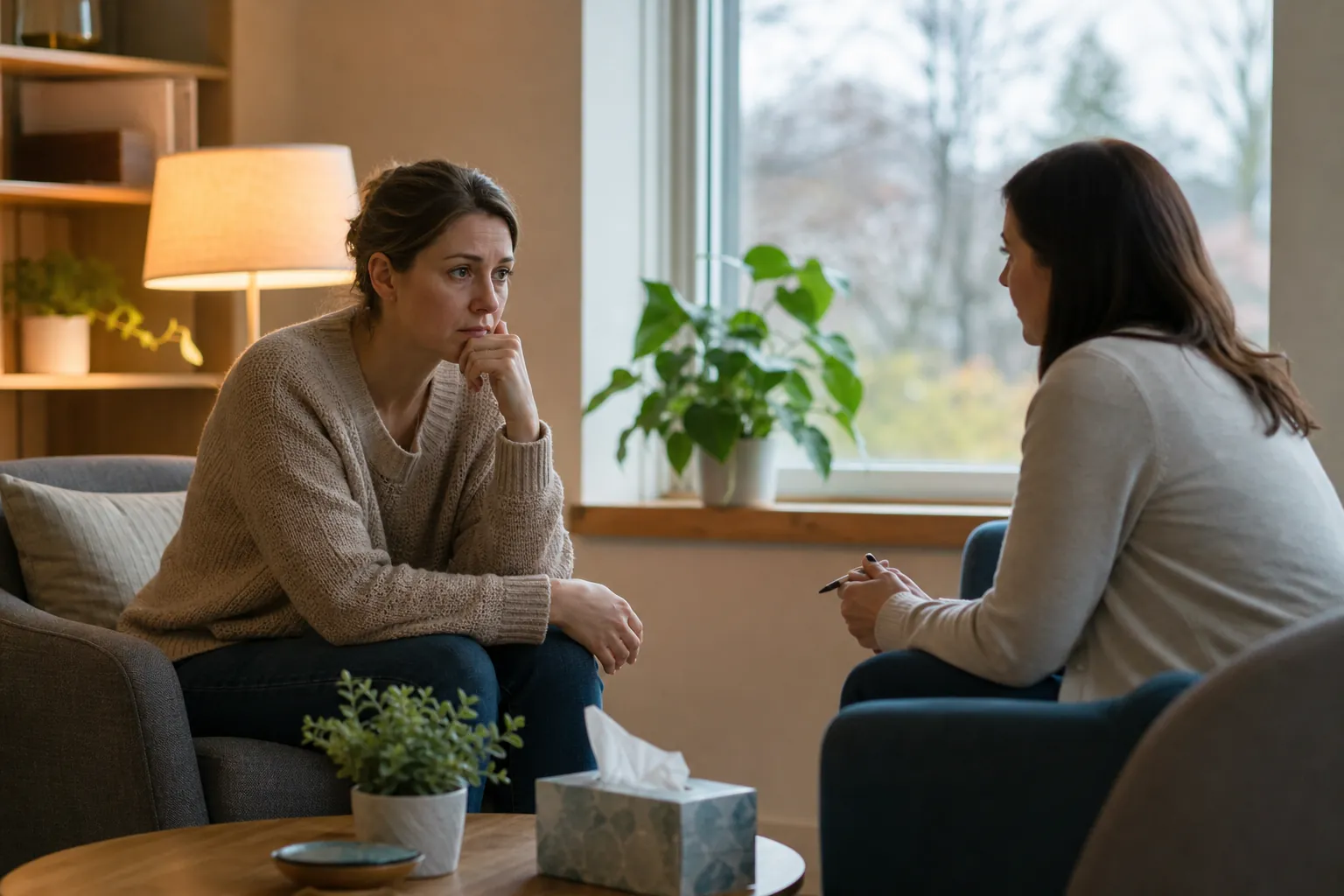 A concerned woman rests her chin on her hand while speaking with another woman holding a pen in a cozy counseling room.
