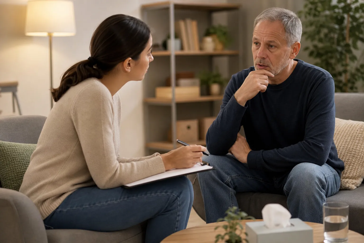 A woman holding a pen and clipboard talks with a gray-haired man seated across from her in a comfortable counseling room.