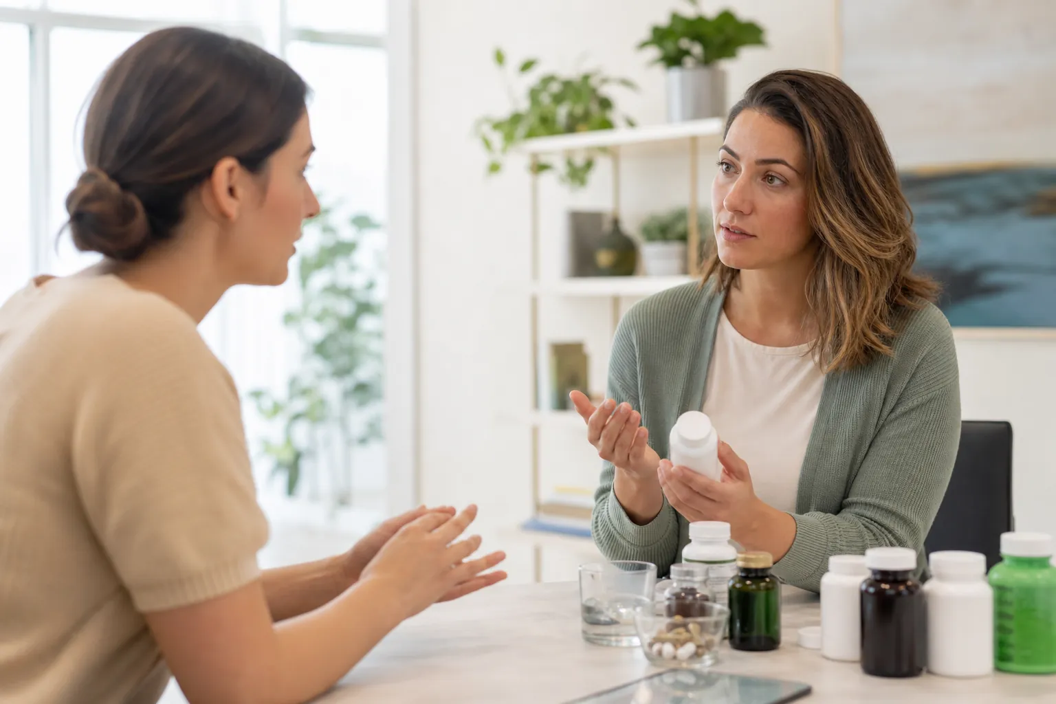 Discussing Medications and Reviewing Pill Bottles Two women discuss medications at a table with pill bottles, a glass of water, and loose pills; one holds a white bottle.