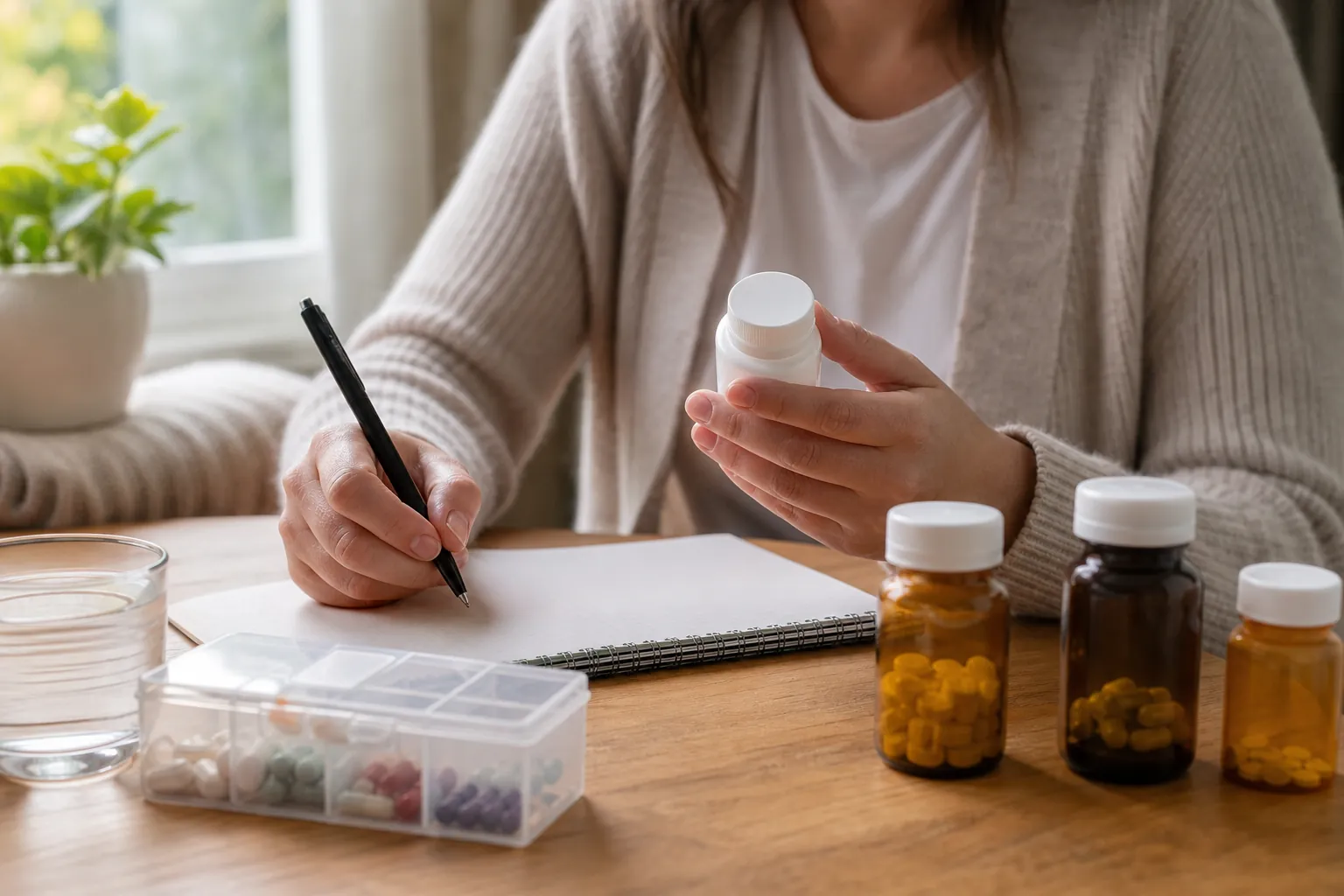 Medication Bottles and Pill Organizer Beside a Notebook A person holds a medication bottle and writes in a notebook beside pill bottles, a pill organizer, and a glass of water.