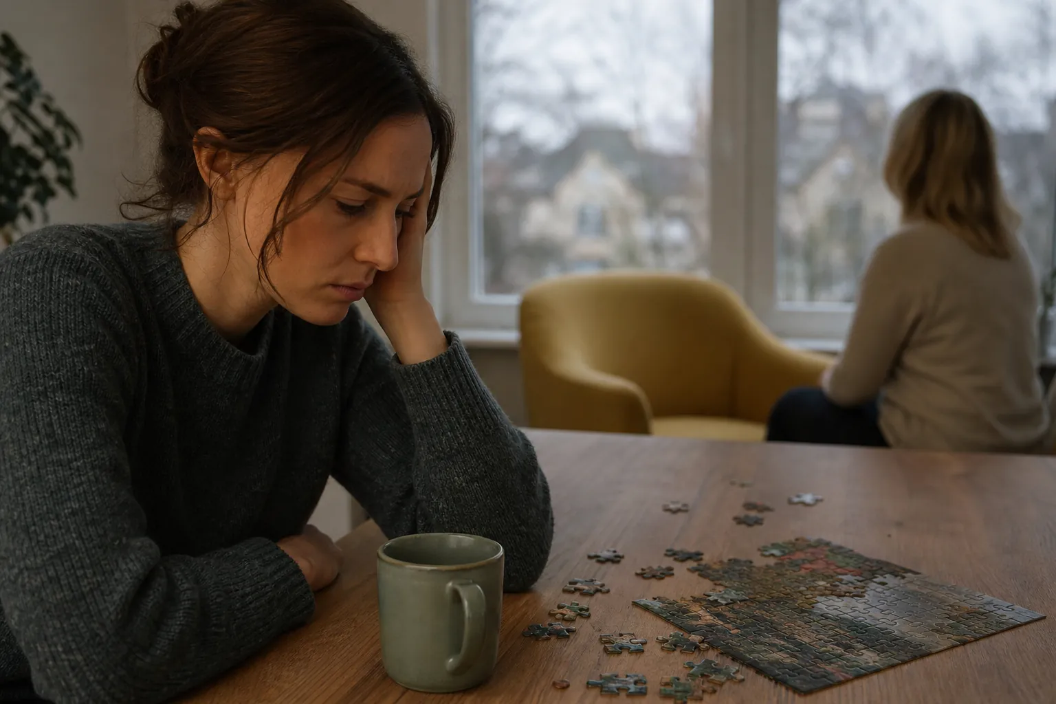 A troubled woman rests her head on her hand beside a mug and unfinished jigsaw puzzle, with another woman facing a window.