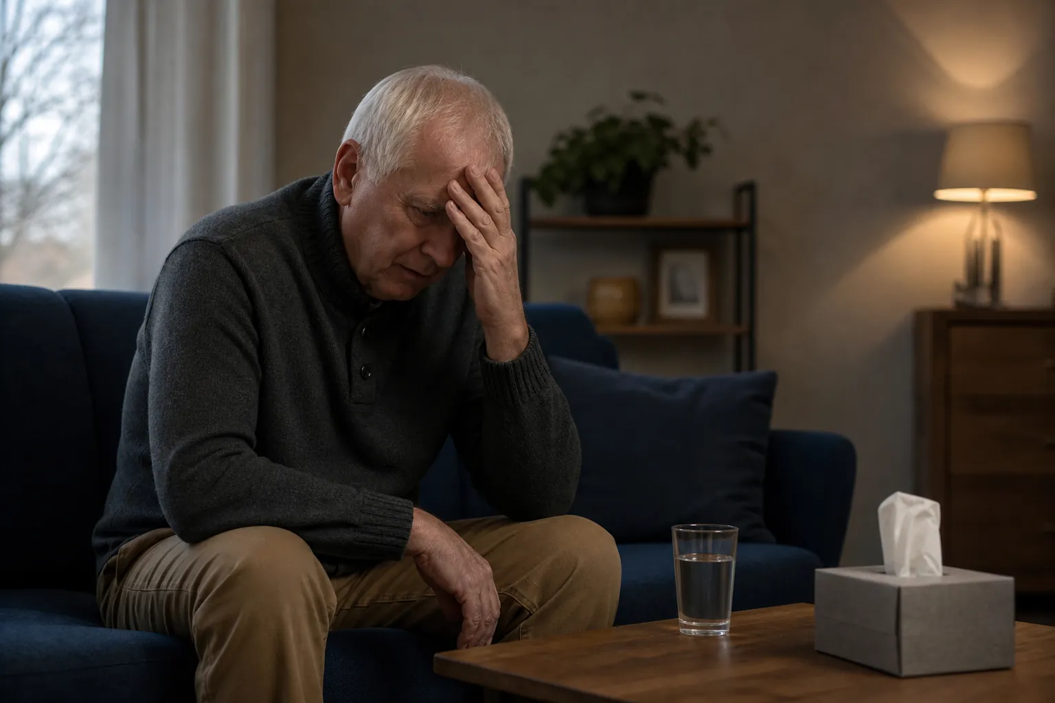 An older man sits hunched on a blue sofa with one hand against his forehead, beside a glass of water and a tissue box.