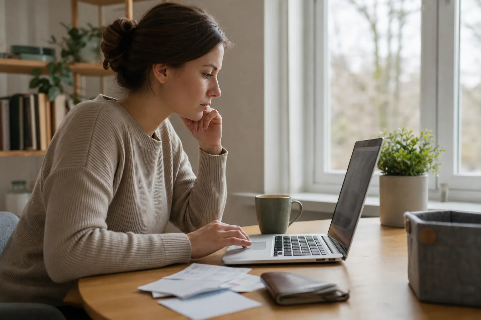 Woman Reviewing a Laptop With Documents Nearby Woman reviewing a laptop at a wooden table by a window, with papers, a wallet, a mug, and a potted plant nearby.