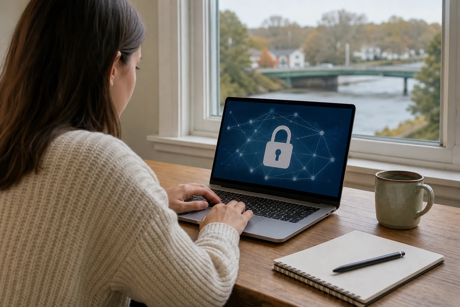 Laptop Padlock Symbol Illustrating Online Privacy Woman using a laptop displaying a padlock symbol beside a window, with a mug, notebook and pen on the wooden table.