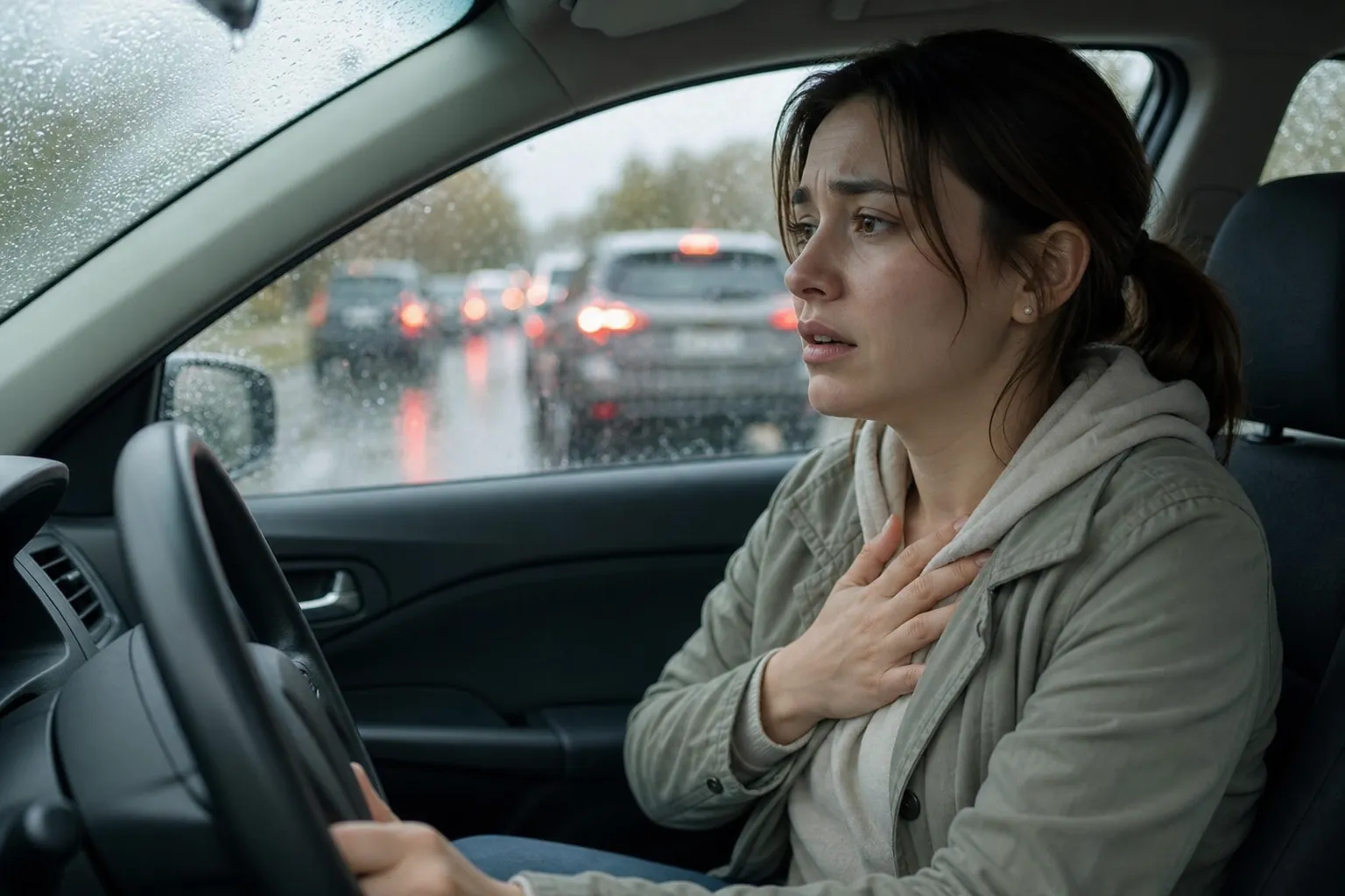 Anxious Driver Holding Her Chest in Rainy Traffic An anxious-looking woman sits behind the wheel with one hand on her chest as traffic queues outside rain-covered car windows.