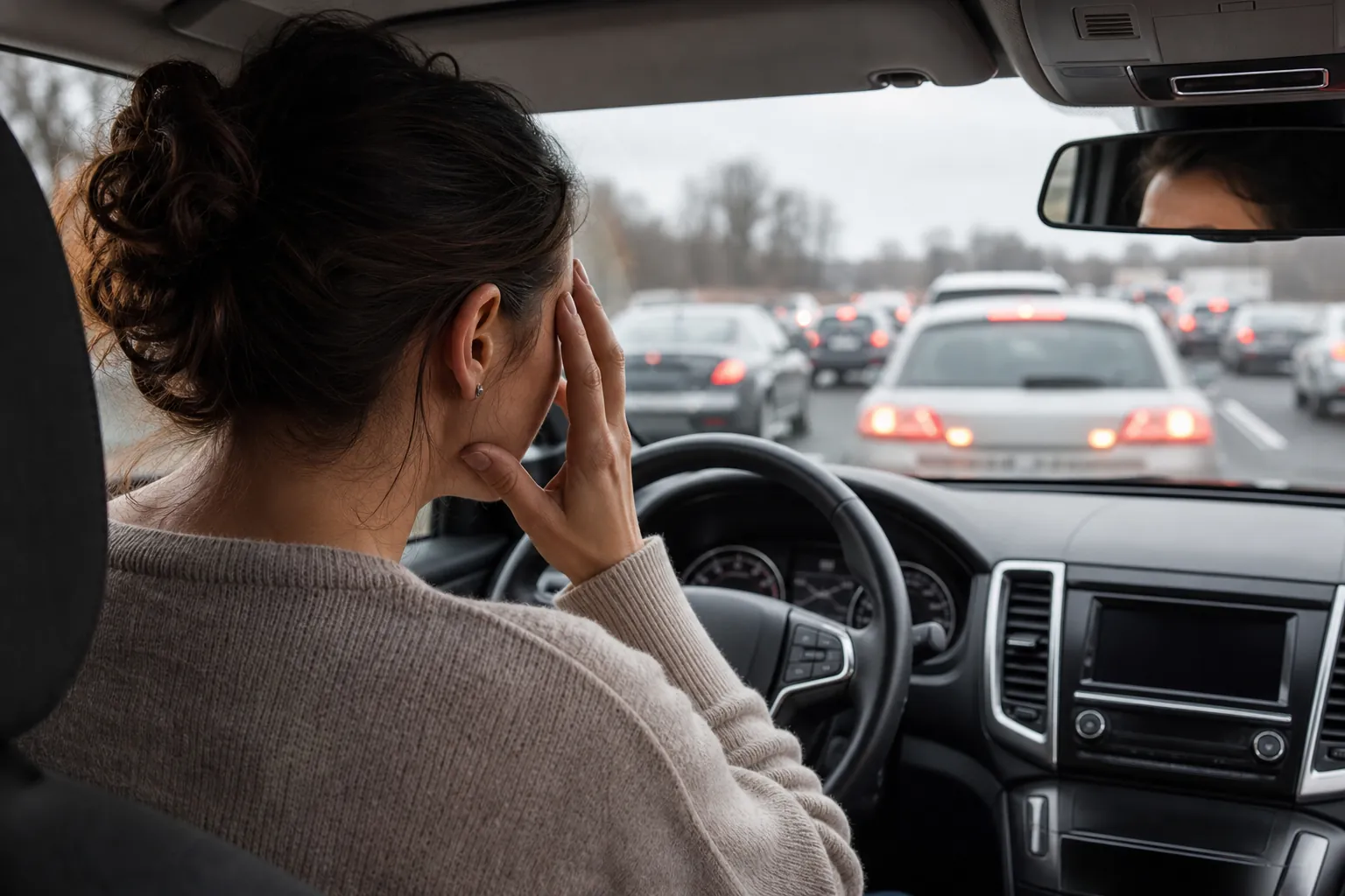 Driver Holding Her Forehead in Heavy Traffic A woman in the driver's seat holds a hand to her forehead while facing a line of traffic through the windshield.