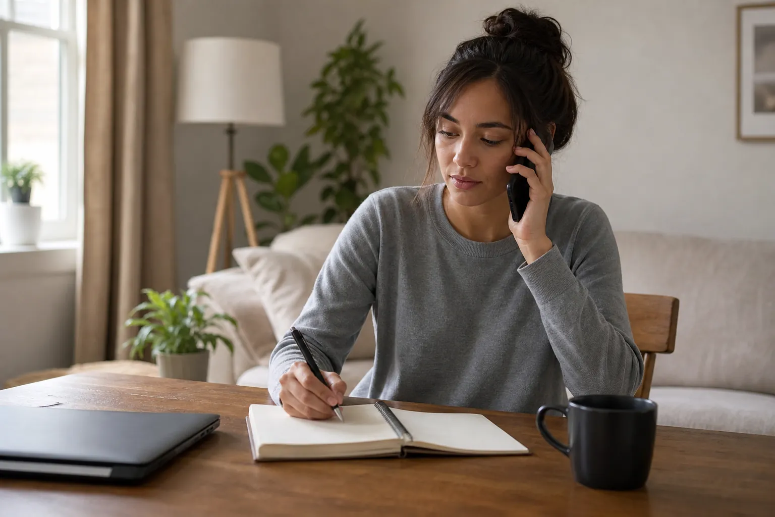 Woman Taking Notes During a Phone Call at Home A woman holds a phone to her ear while writing in an open notebook at a wooden table beside a closed laptop and black mug.
