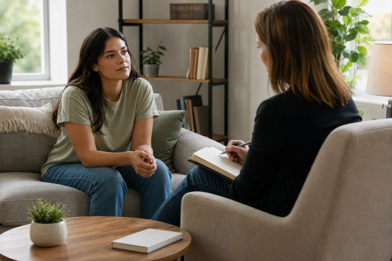 Counseling Conversation in a Comfortable Office A woman seated on a sofa talks with another woman holding a pen and notebook in a bright, plant-filled counseling room.