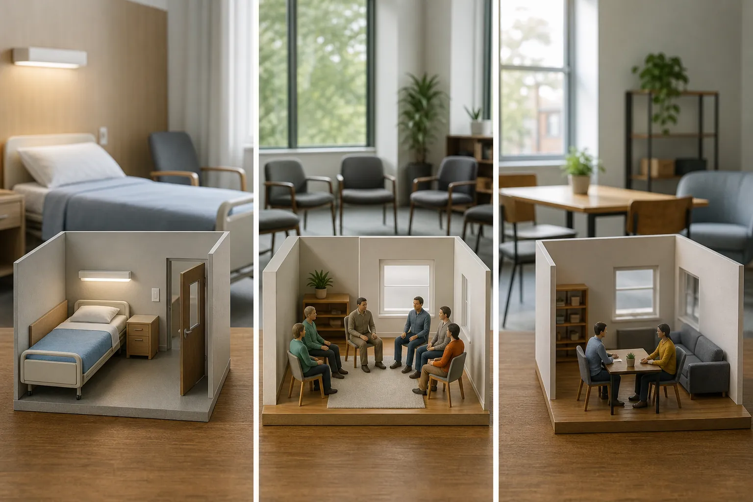 Miniature Inpatient, Group Therapy, and Counseling Settings Three miniature care settings show a hospital bed, six people in group therapy, and two people talking across a table.