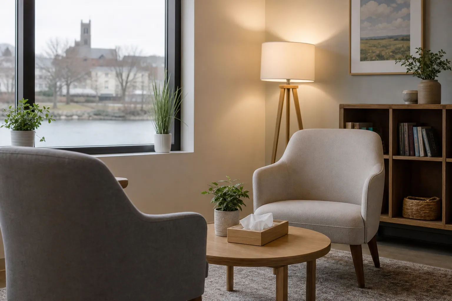 Quiet Counseling Room With Chairs and Tissues Two upholstered chairs face a round table with tissues and a plant in a quiet room overlooking a river.