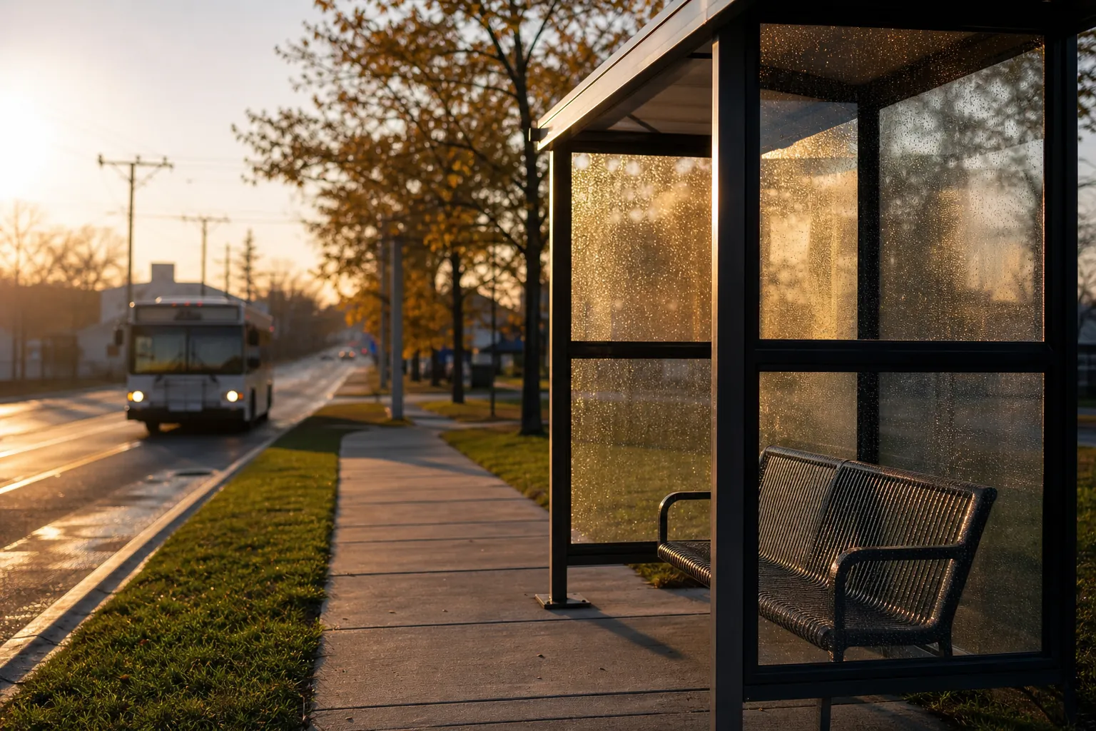 An empty glass bus shelter with a metal bench beside a wet sidewalk as a bus approaches in warm evening light.