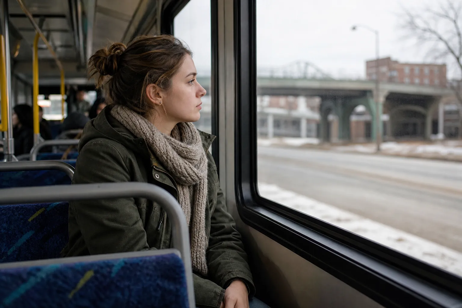 A woman in a winter coat and knit scarf sits on a bus, looking out the window at a snowy street and an overpass.