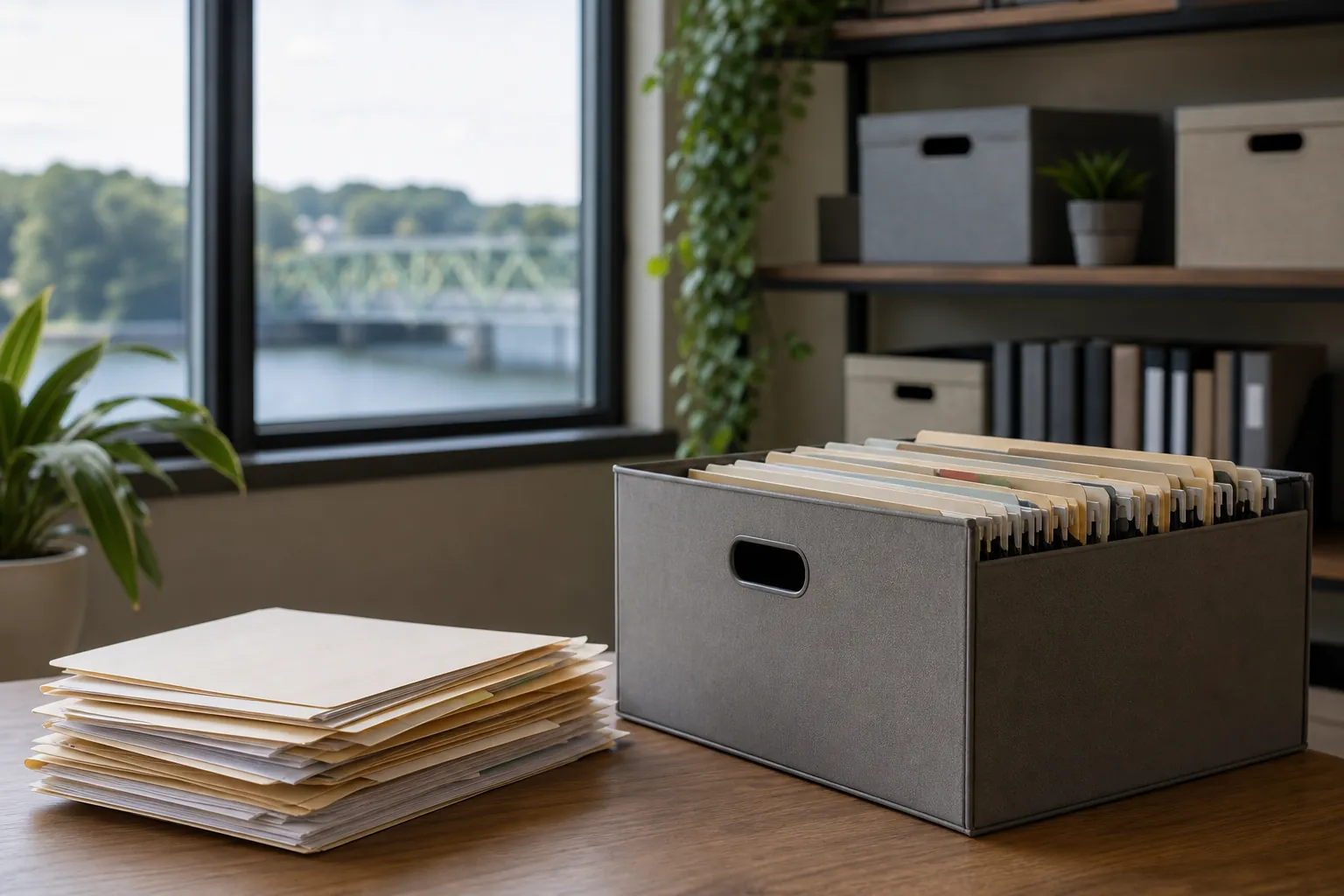 Paper Records and File Folders in an Office File folders in a gray storage box beside a stack of paperwork on a wooden desk, with office shelves and a window behind.
