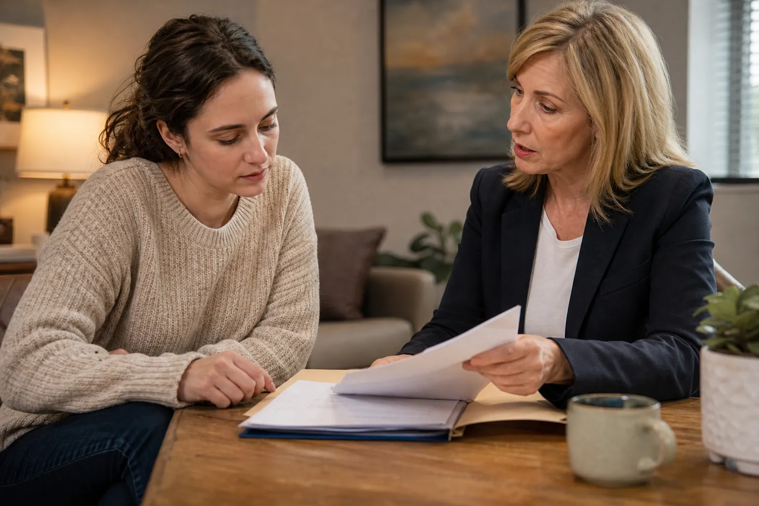 Two Women Reviewing Documents in an Office Two women review papers in an open folder at a wooden table in a comfortable office.
