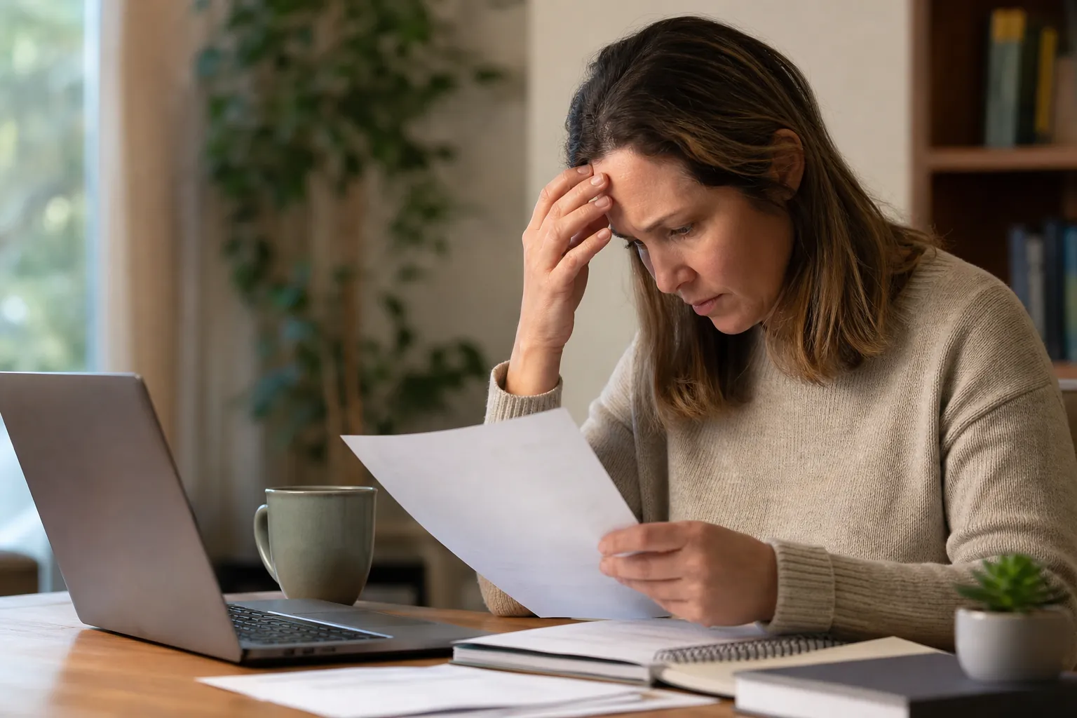 Worried Woman Reviewing Paperwork at a Desk A worried woman holds a sheet of paper with one hand against her forehead, seated at a desk with a laptop and notebooks.