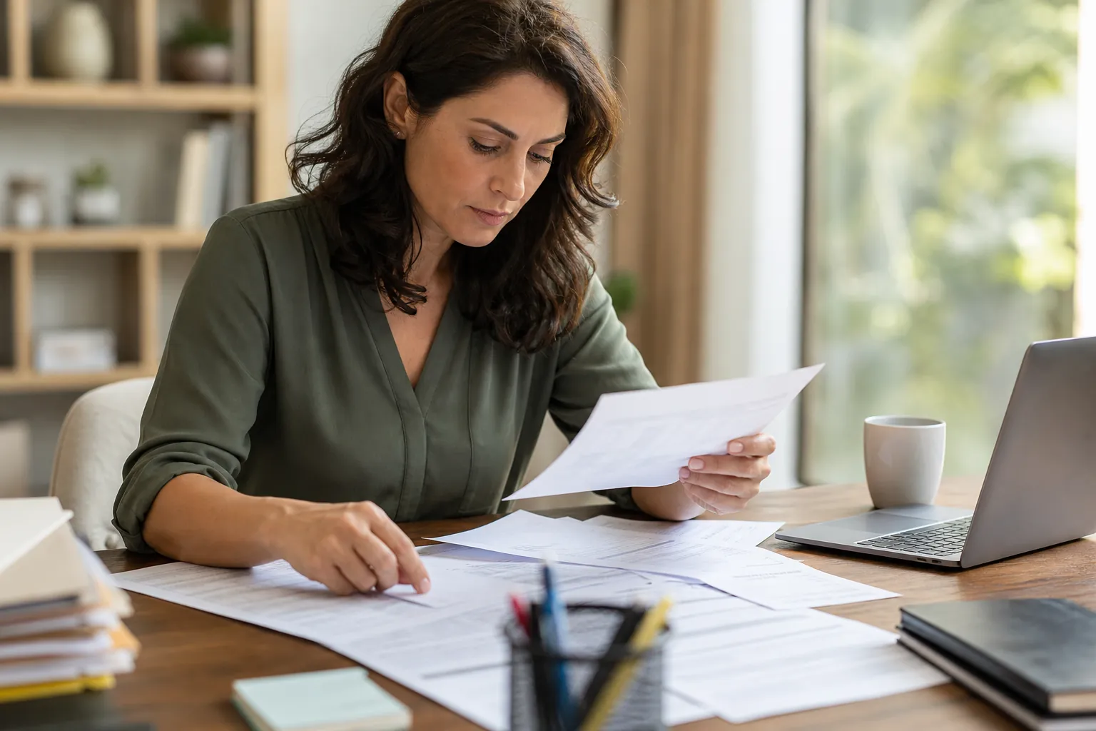Woman Reviewing Paperwork Beside a Laptop A woman reviews paperwork spread across a wooden desk beside an open laptop, a coffee mug, and office supplies.