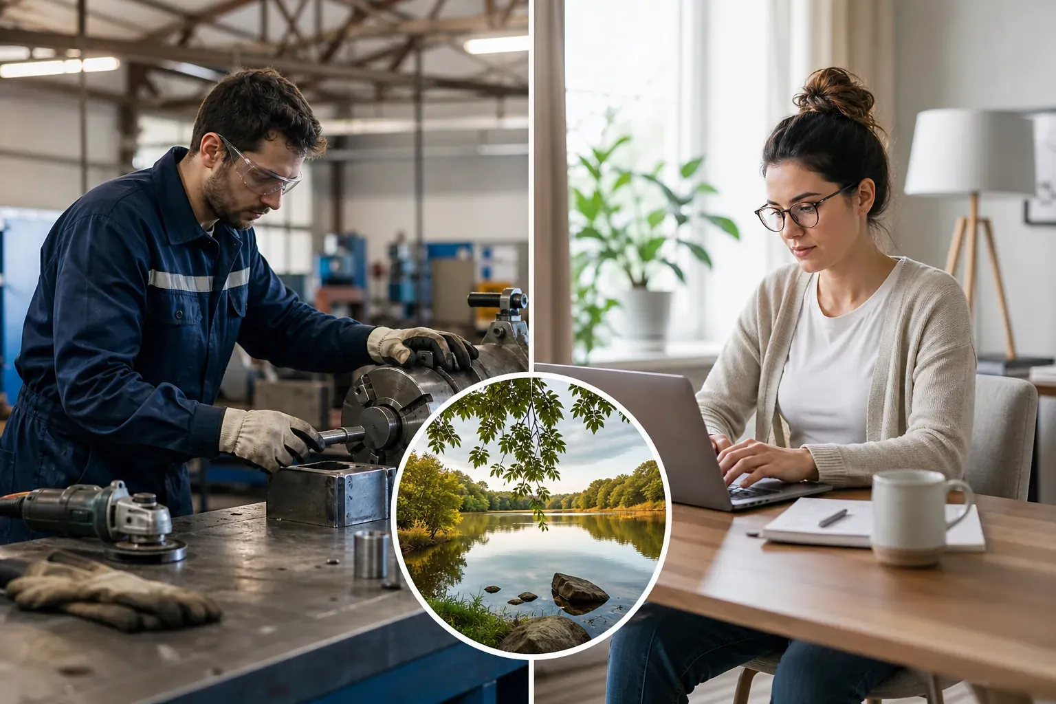 Split composition of a gloved factory worker and a woman using a laptop, with a circular inset of a tree-lined river.
