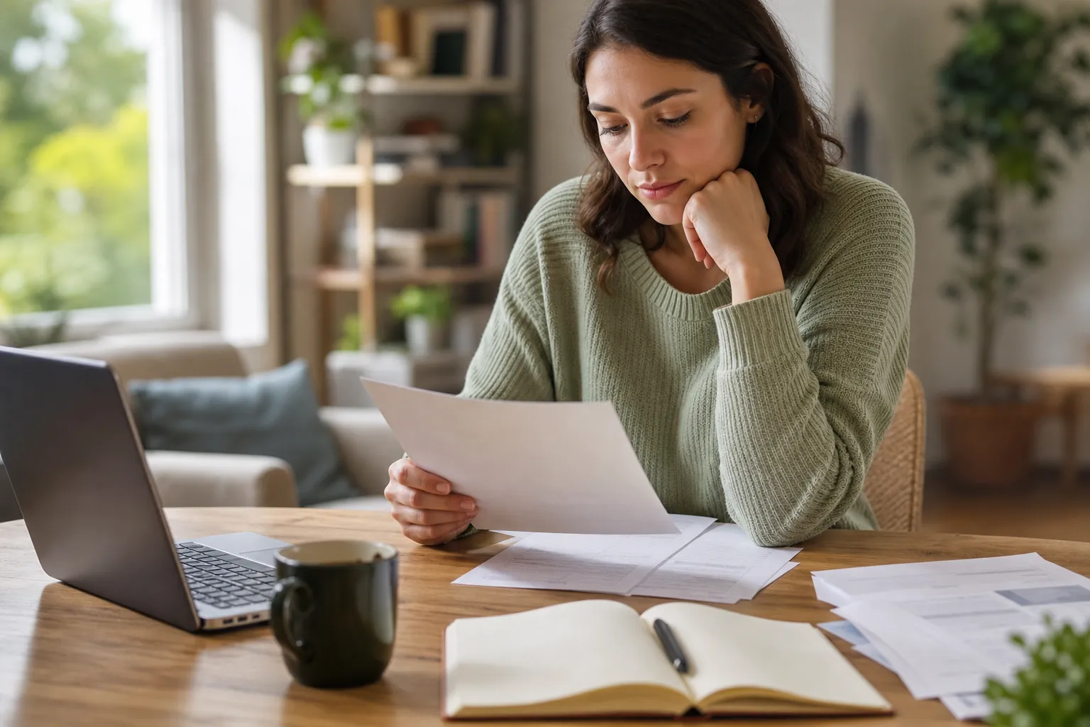 A woman reviews paperwork at a wooden table with a laptop, mug, open notebook, pen, and scattered documents.