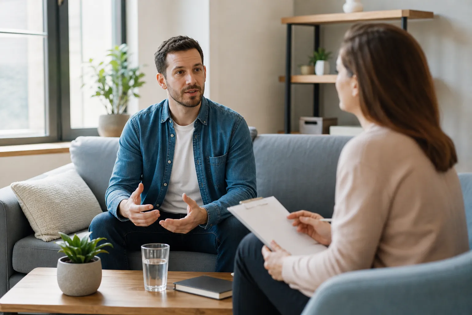 Counseling Conversation in a Bright Office A man seated on a gray sofa talks with a woman holding a clipboard in a bright counseling office.