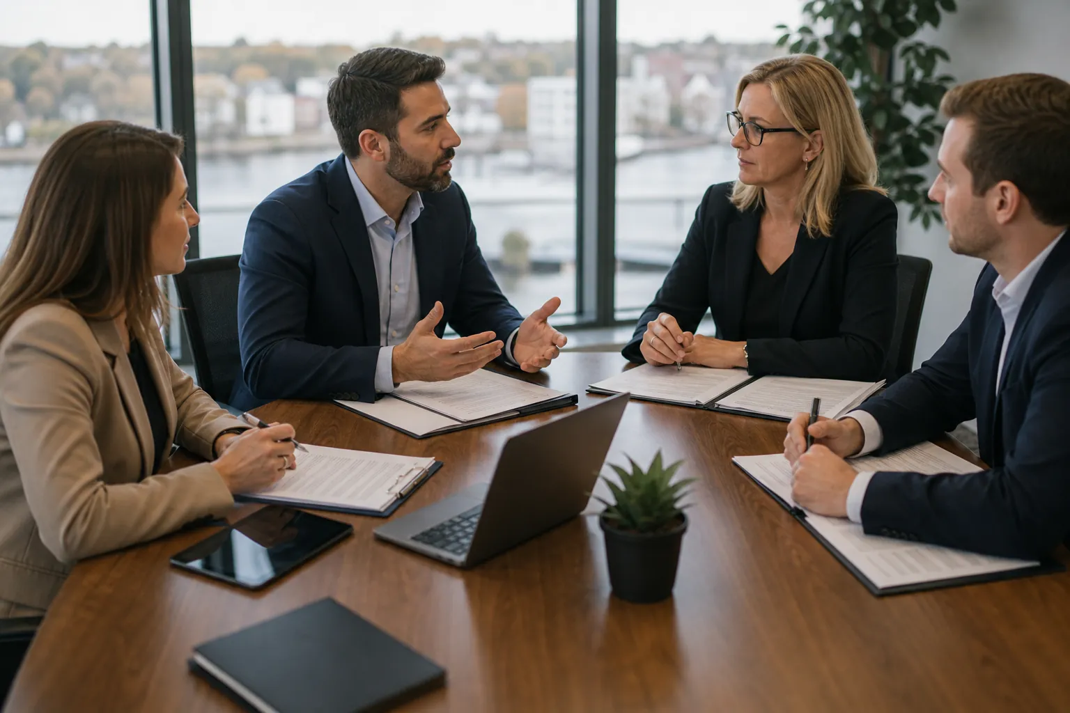 Business Professionals Discussing Plan Paperwork Four business professionals discuss paperwork around a conference table with a laptop, tablet, and small potted plant.