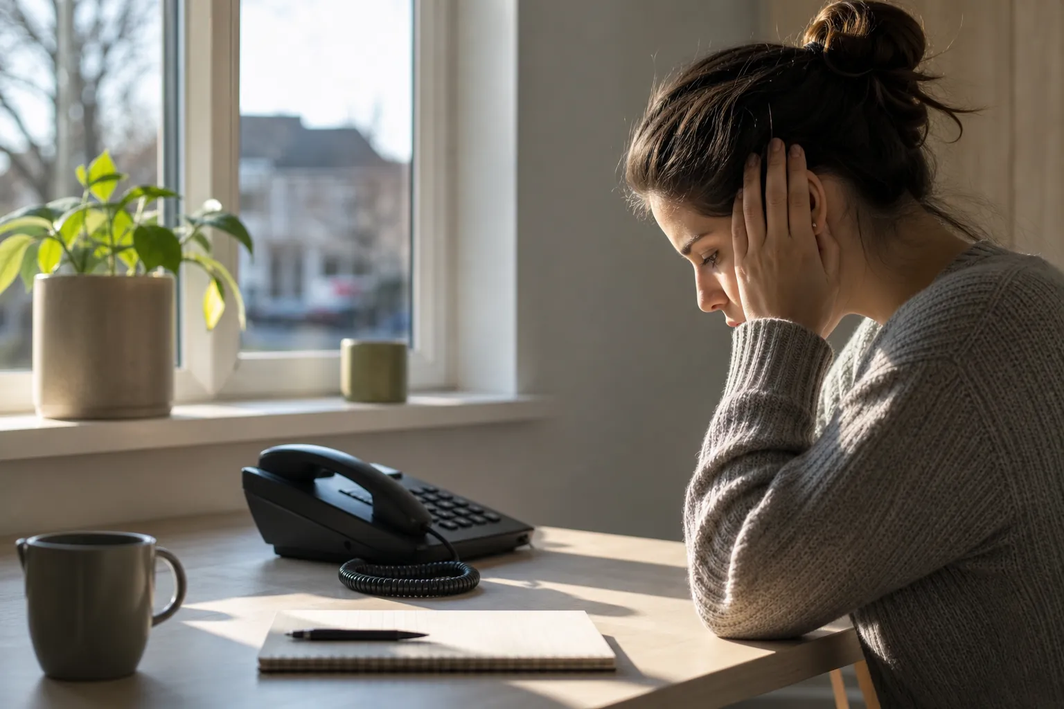A woman rests her head in her hand beside a corded telephone, notebook, pen and mug at a sunlit table.