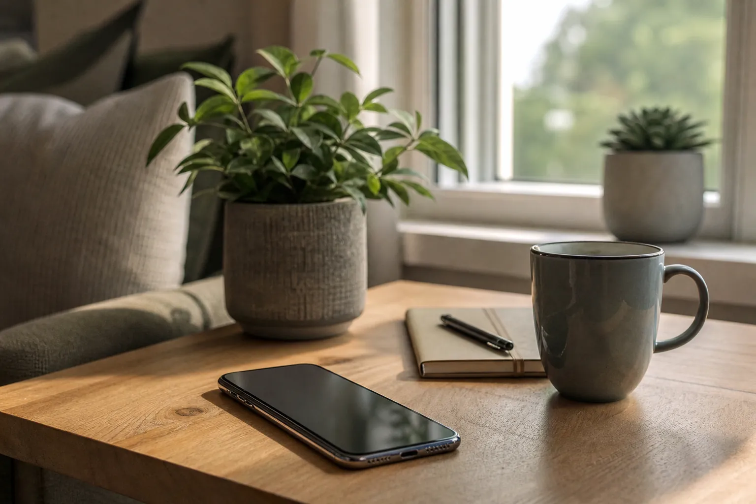 A smartphone with a dark screen rests on a wooden table beside a gray mug, notebook, pen, and potted plants near a window.