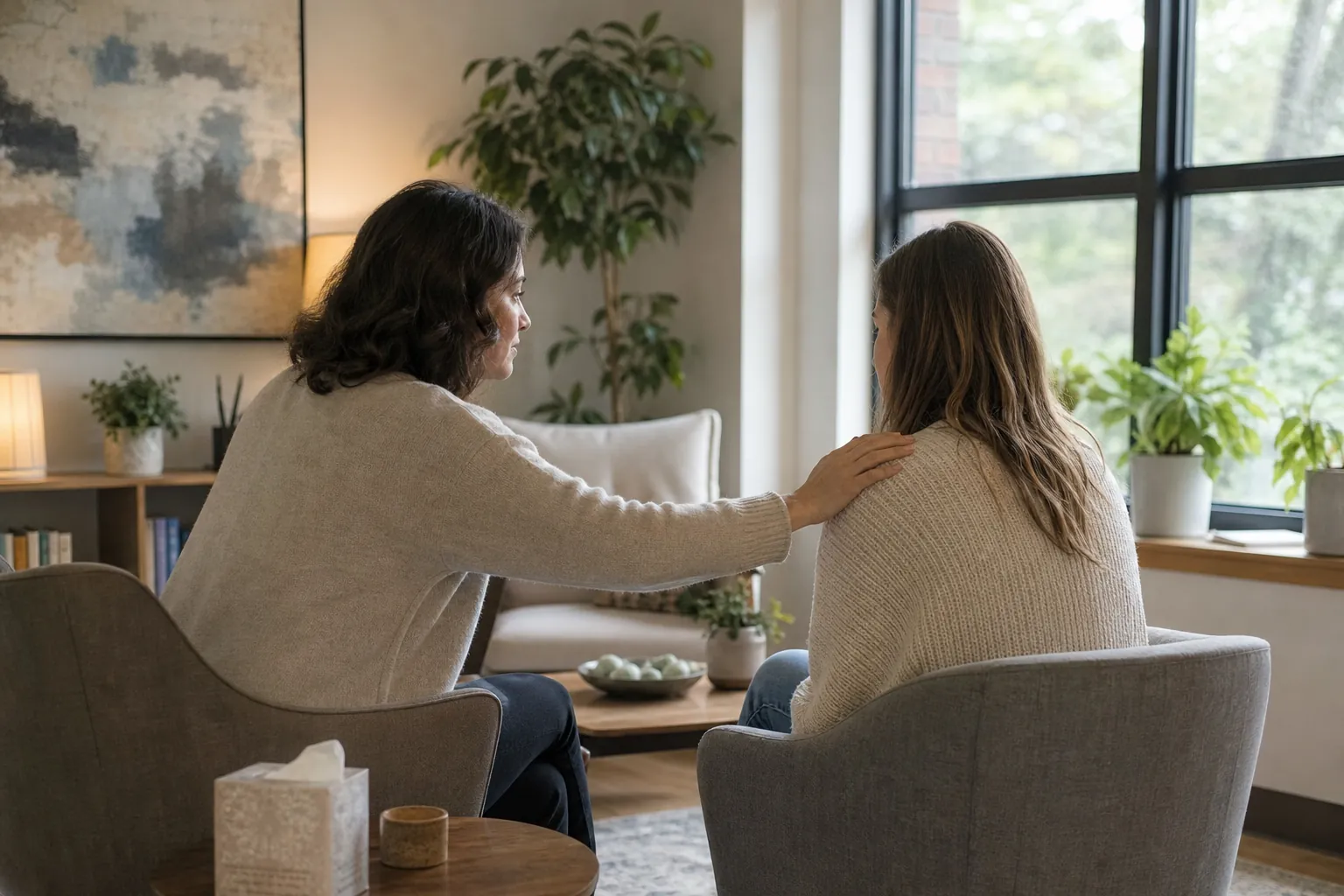 Two women sit facing each other in a softly lit office, with one resting a supportive hand on the other's shoulder.