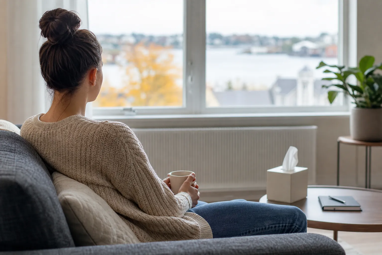 A woman holding a mug sits on a sofa facing a large window, with a tissue box, notebook and pen on a nearby table.