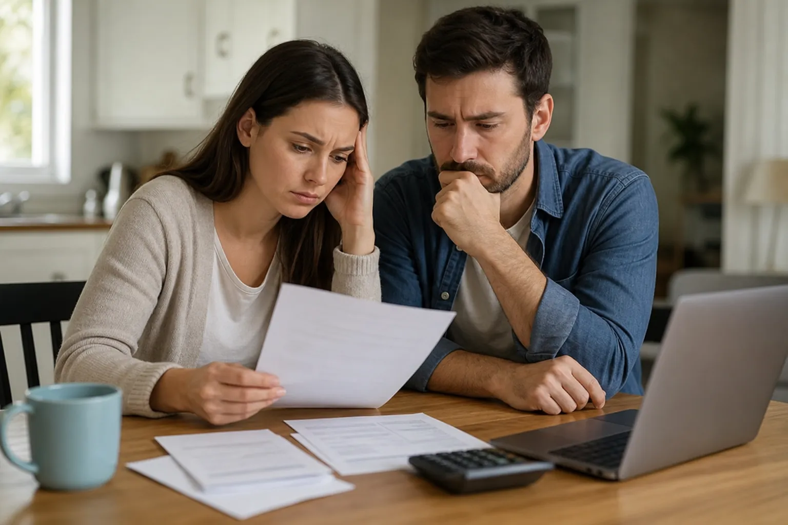 Concerned Couple Reviewing Paperwork at Home A concerned couple reviews paperwork at a kitchen table with a laptop, calculator, and blue mug.