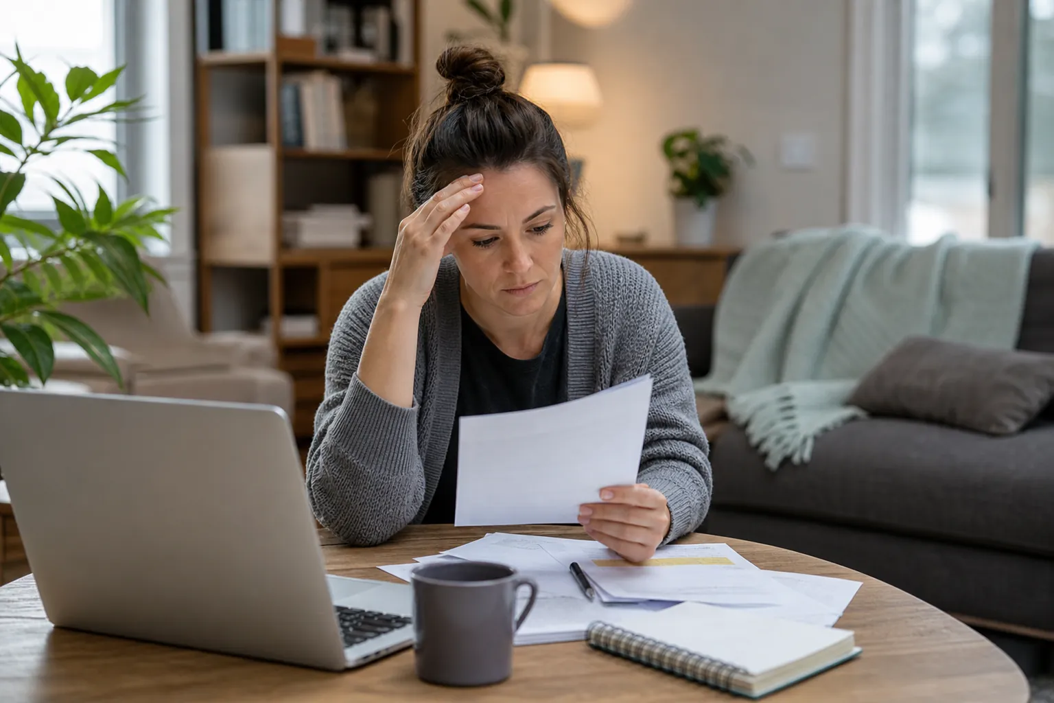 Concerned Woman Reviewing Paperwork at Home A concerned woman holds a sheet of paper and touches her forehead at a table with a laptop, documents, mug, and notebook.