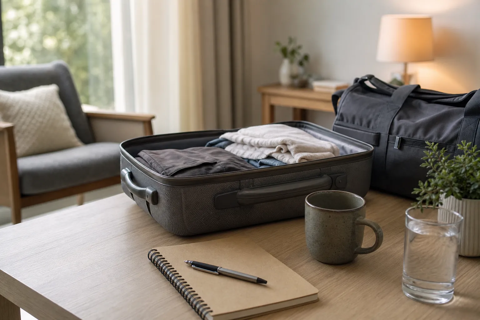 Packed Suitcase and Travel Bag on a Wooden Table An open suitcase with folded clothes sits beside a black duffel bag, notebook, pen, mug, and water glass on a wooden table.