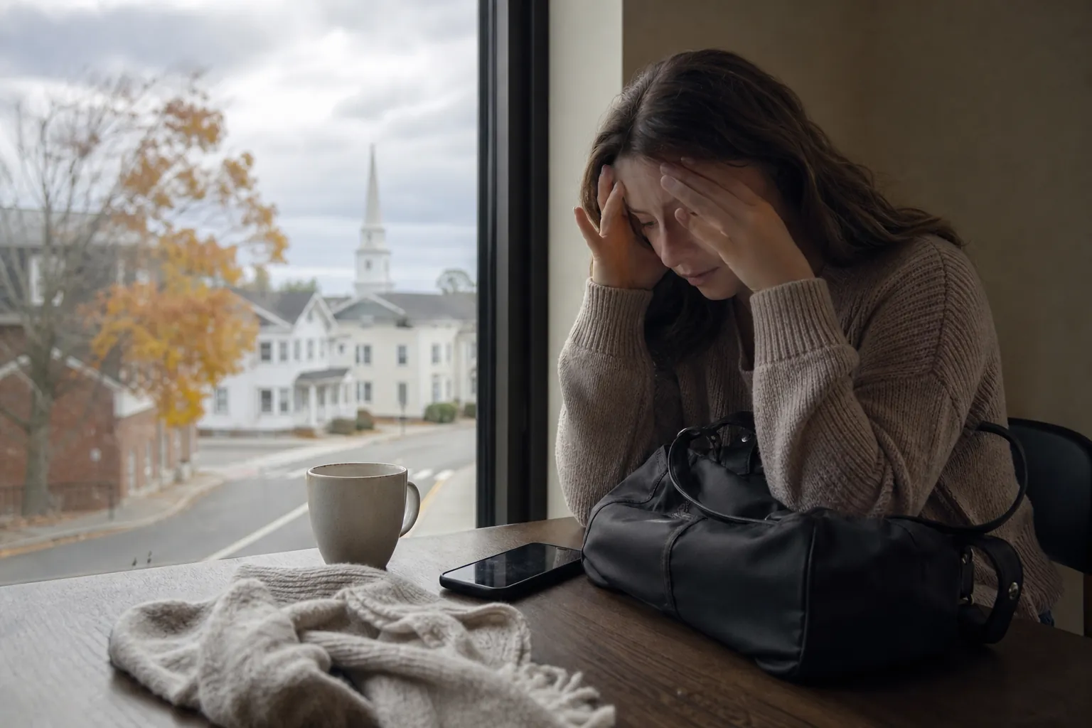 Distressed Woman Sitting Beside a Travel Bag A distressed woman holds her forehead beside a window, with a black travel bag, phone, mug and scarf on the table.