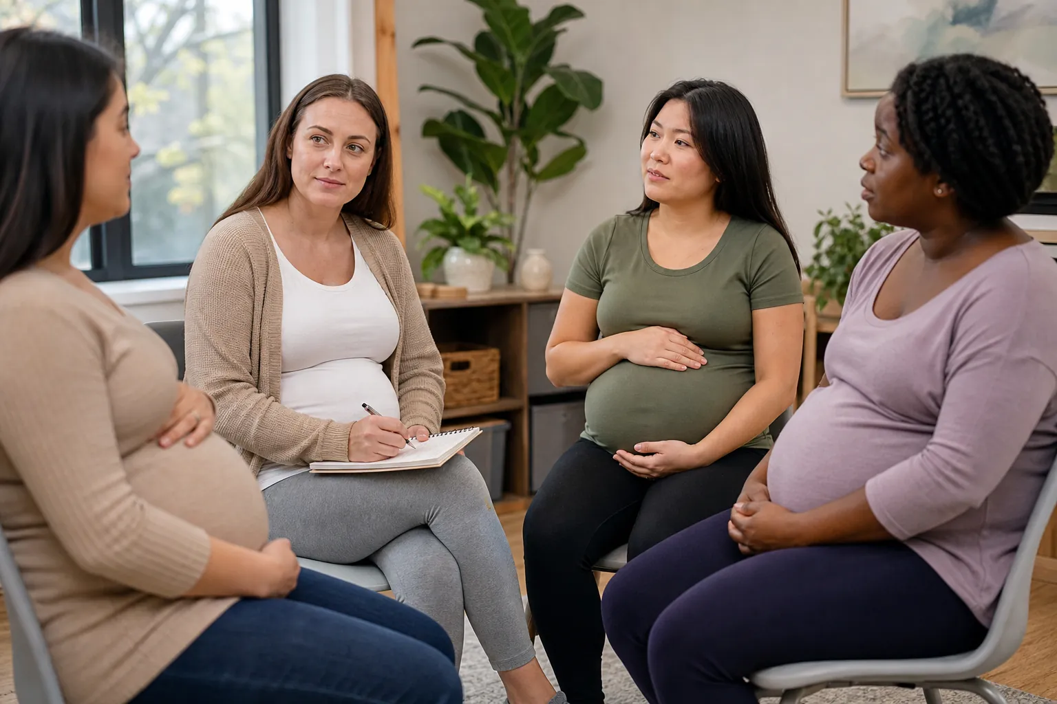 Four Pregnant Women Seated Together Four pregnant women sit together while one holds a notebook and pen.