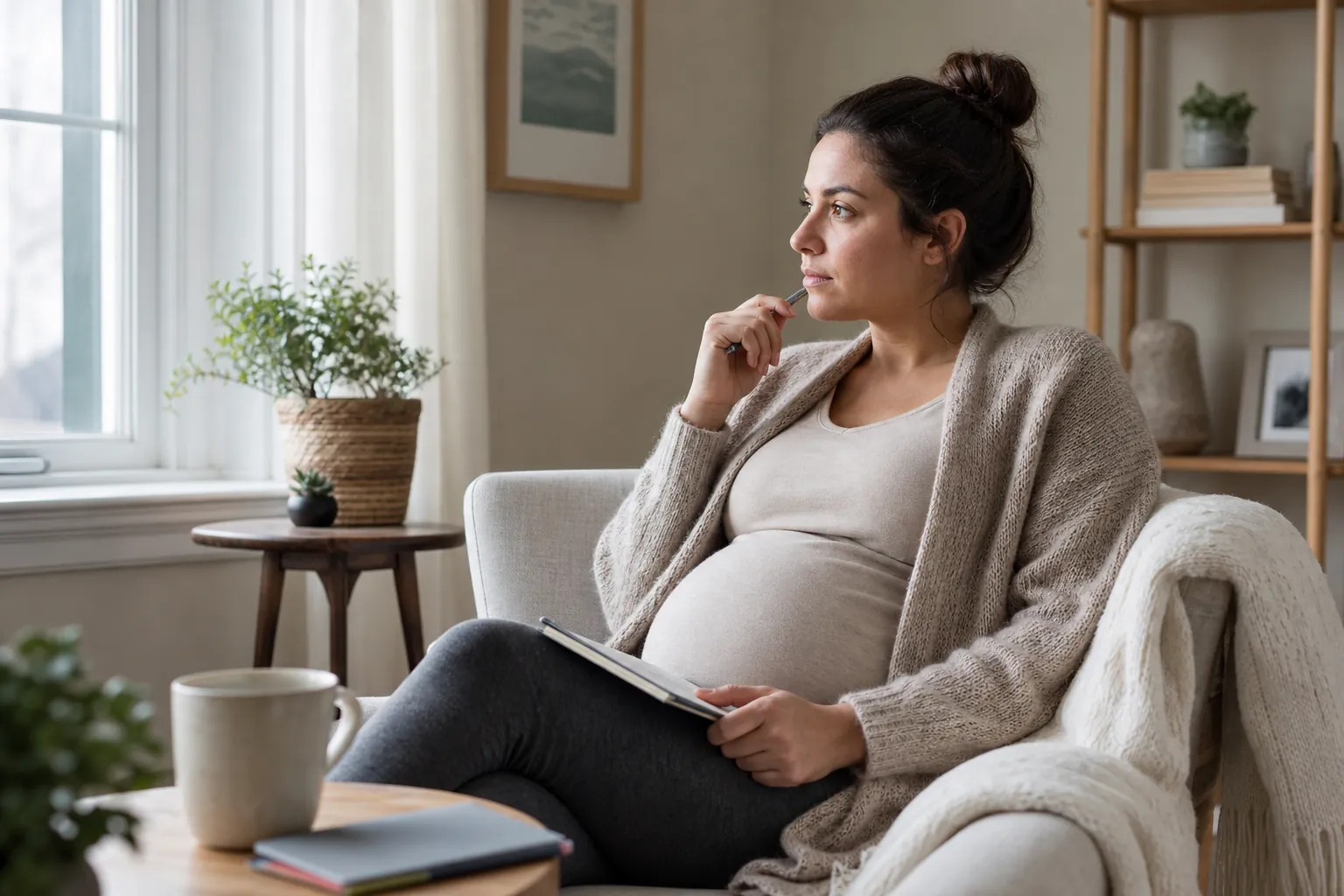 Pregnant Woman Seated With a Notebook A pregnant woman sits beside a window with a notebook on her lap and a pen near her chin.