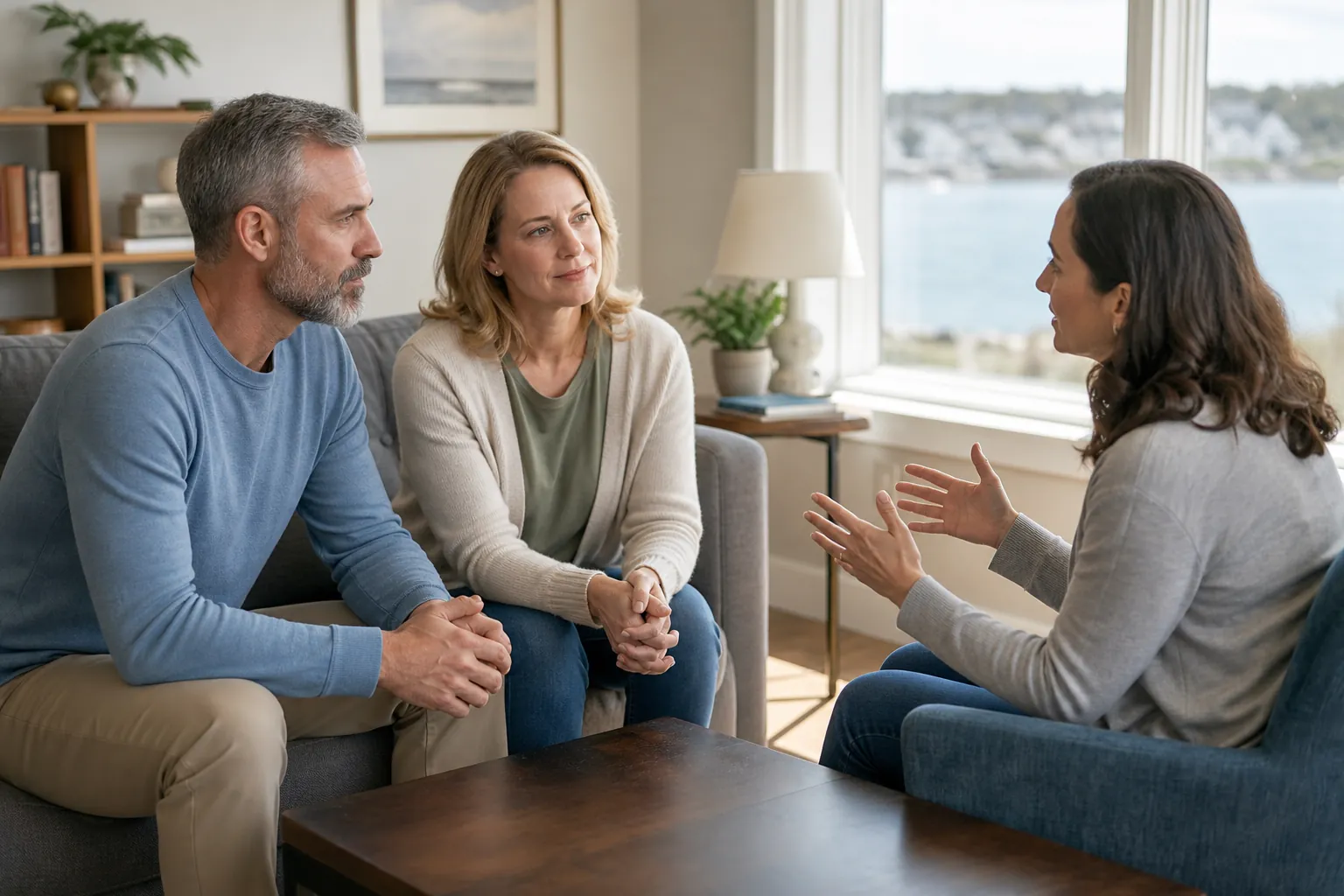 Couple Speaking With a Counselor in a Bright Office A couple sits on a sofa listening to a woman gesturing during a counseling conversation in a bright office.