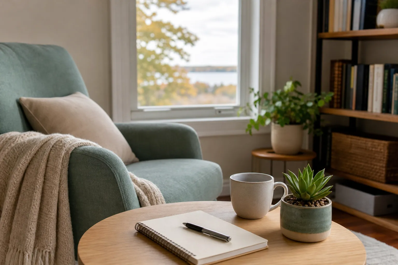 Armchair and table with notebook, mug, and succulent A teal armchair with a cushion and knitted throw beside a wooden table holding a blank notebook, pen, mug, and potted succulent, with a window and bookshelf behind.
