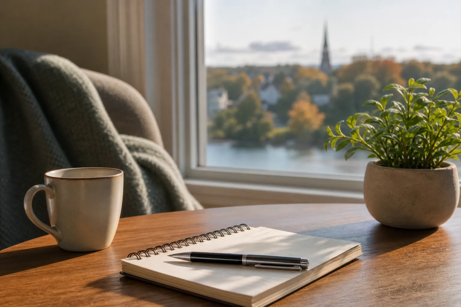 Notebook, mug and plant beside a window A blank spiral notebook and pen on a wooden table beside a ceramic mug and potted plant, with a blanket-draped chair near a sunlit window.