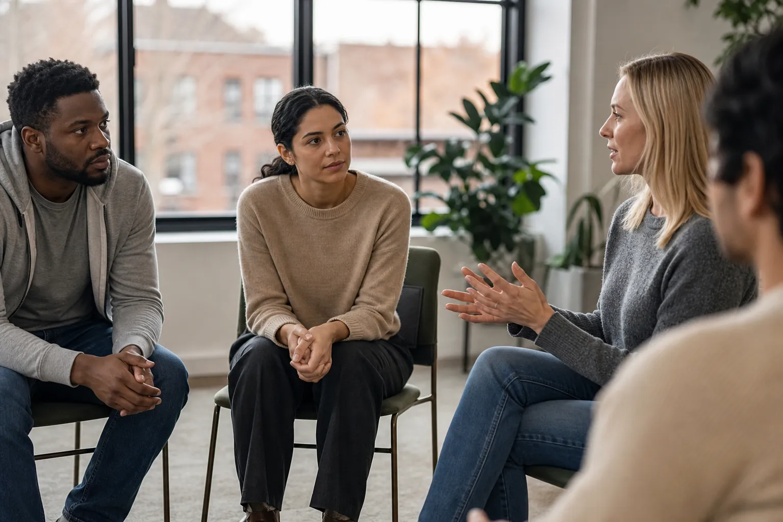 Four adults seated together as a blonde woman in a gray sweater gestures.