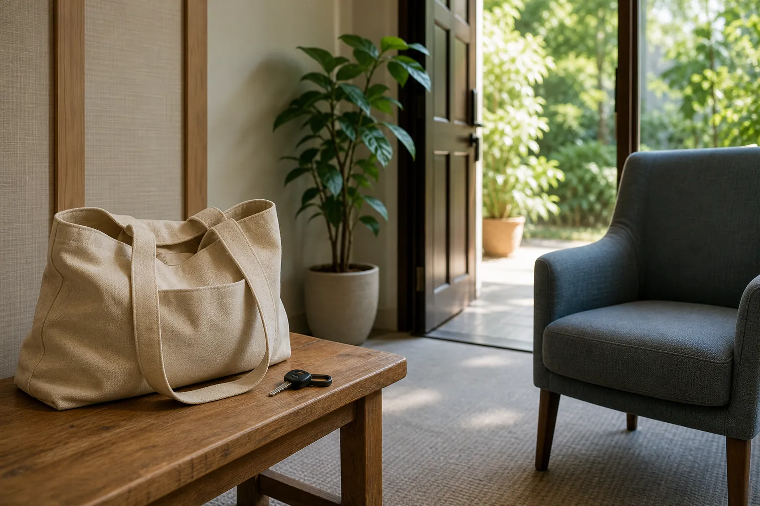 Canvas tote and keys beside an open doorway A beige canvas tote and car keys rest on a wooden bench beside a gray armchair, a potted plant, and an open doorway overlooking greenery.