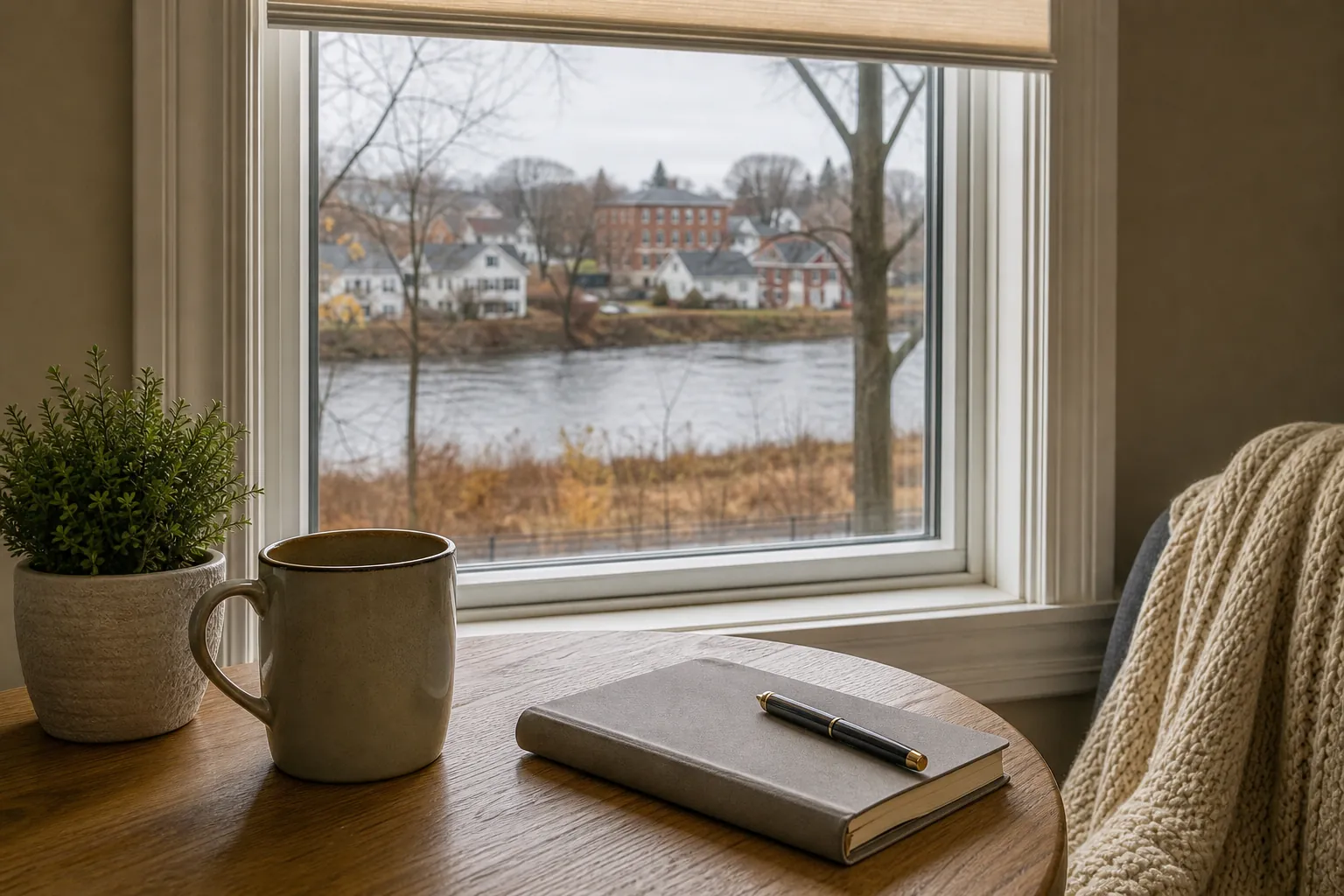 Notebook and mug beside a window A wooden table holds a mug, potted plant, closed notebook and pen beside a window overlooking a river and buildings, with a knitted blanket draped over a chair.