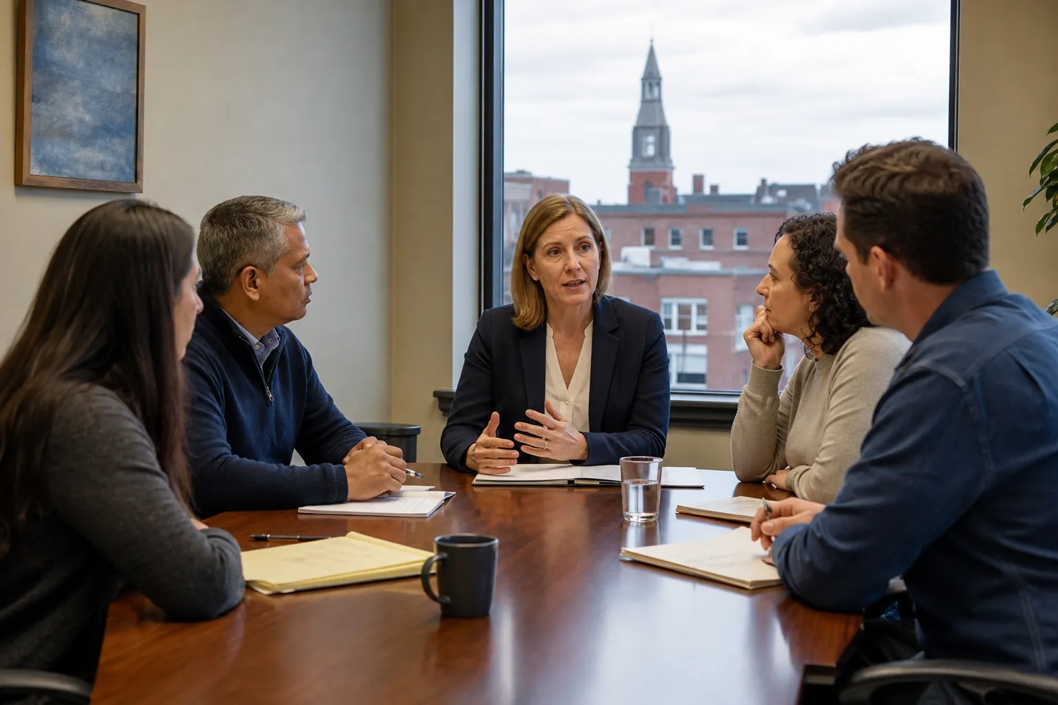 Five adults meet around a conference table as a woman gestures, with notebooks, drinks, and a brick building visible outside.