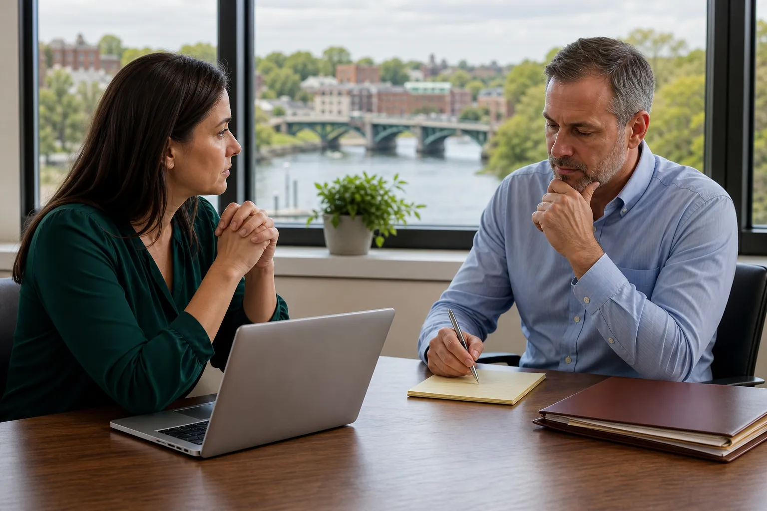 Two adults sit across a table with a laptop, notepad and closed folders, beside a window overlooking a river and bridge.