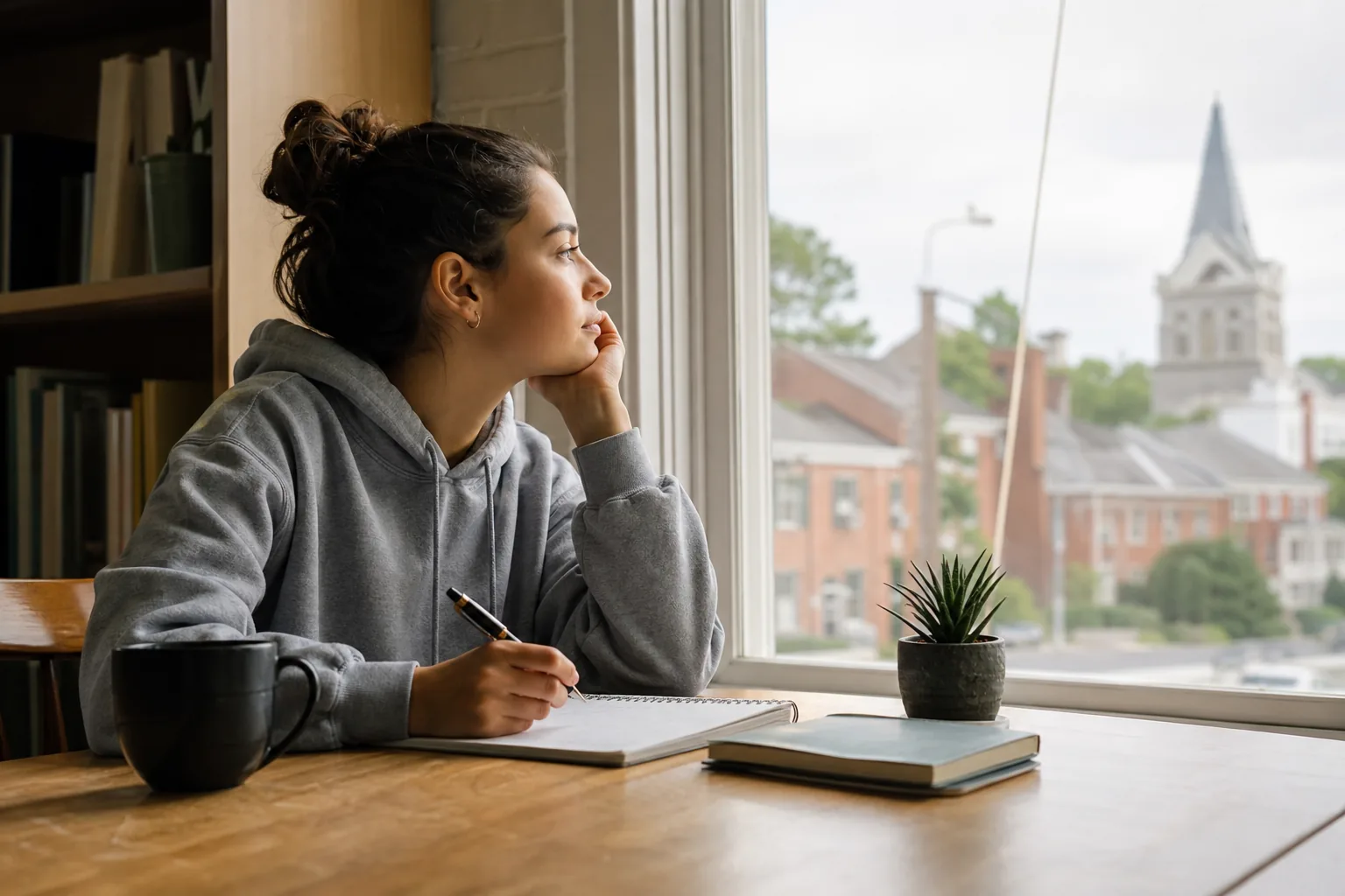 A woman in a gray hoodie holds a pen over a notebook while gazing out a window, with a mug and potted plant on the table.