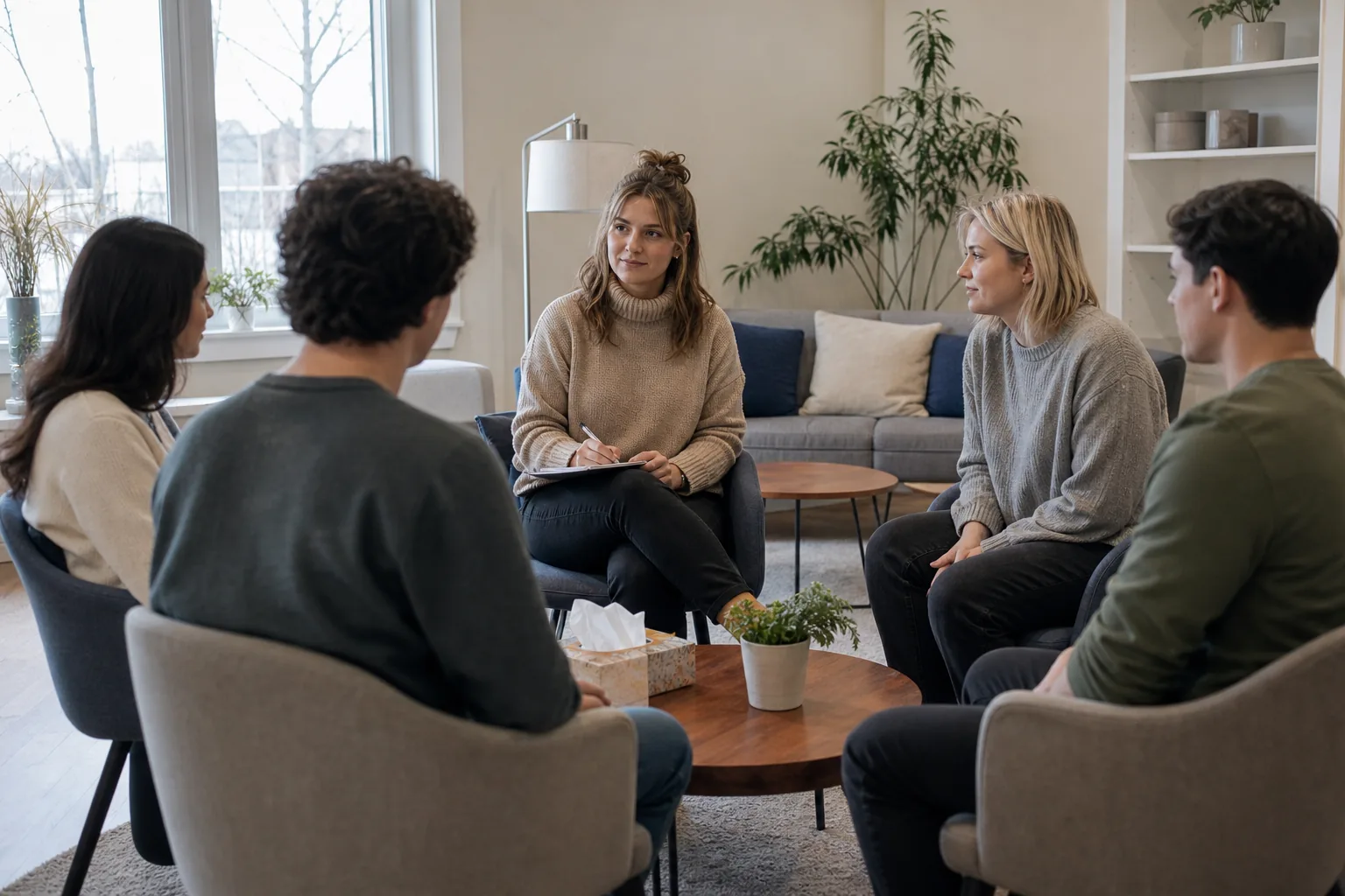 Five adults sit in a circle in a bright counseling room, with one woman holding a pen and clipboard during a group session.