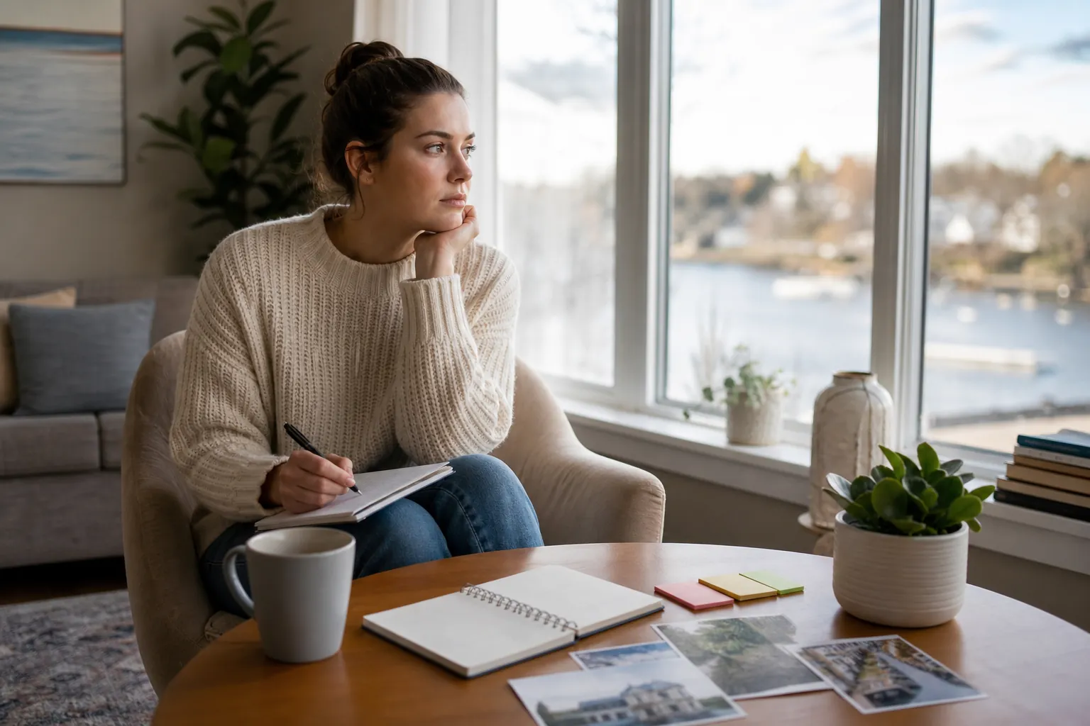 A woman holding a pen and notebook rests her chin on her hand while gazing through a large window overlooking water.