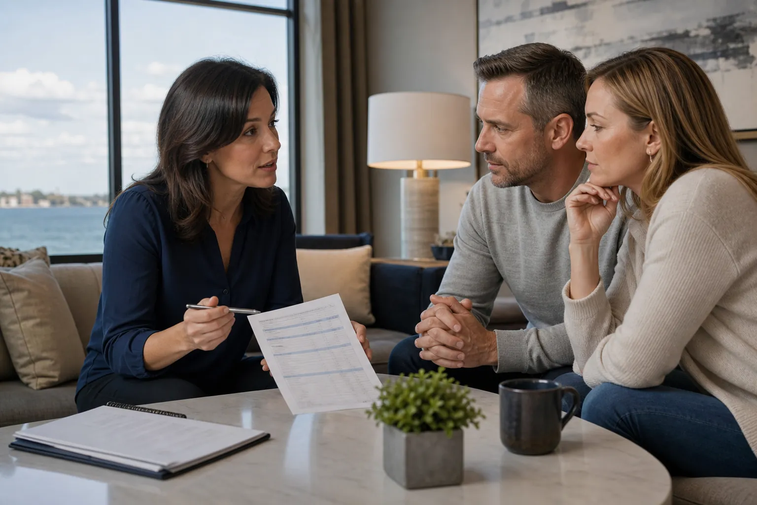 A man and two women sit around a table while one woman holds a printed sheet.