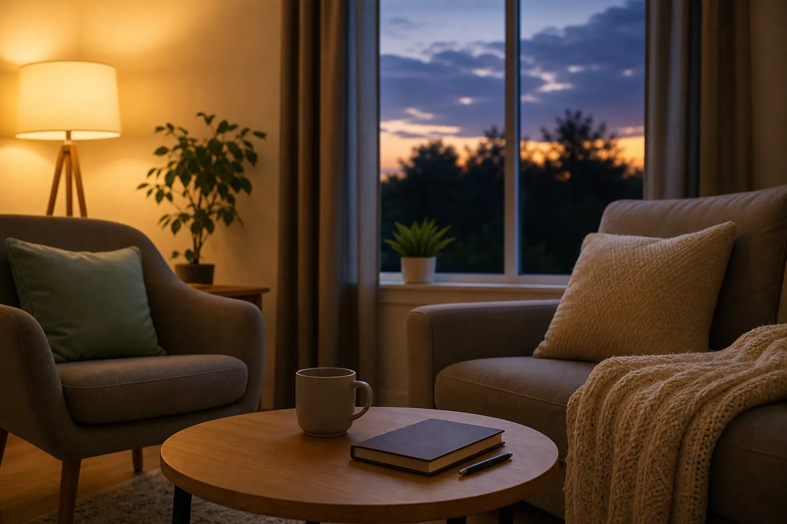 Warmly lit seating area at dusk Armchair and sofa with cushions and a knitted blanket beside a round table holding a mug, closed book and pen, with a lit floor lamp, plants and a dusk window view.