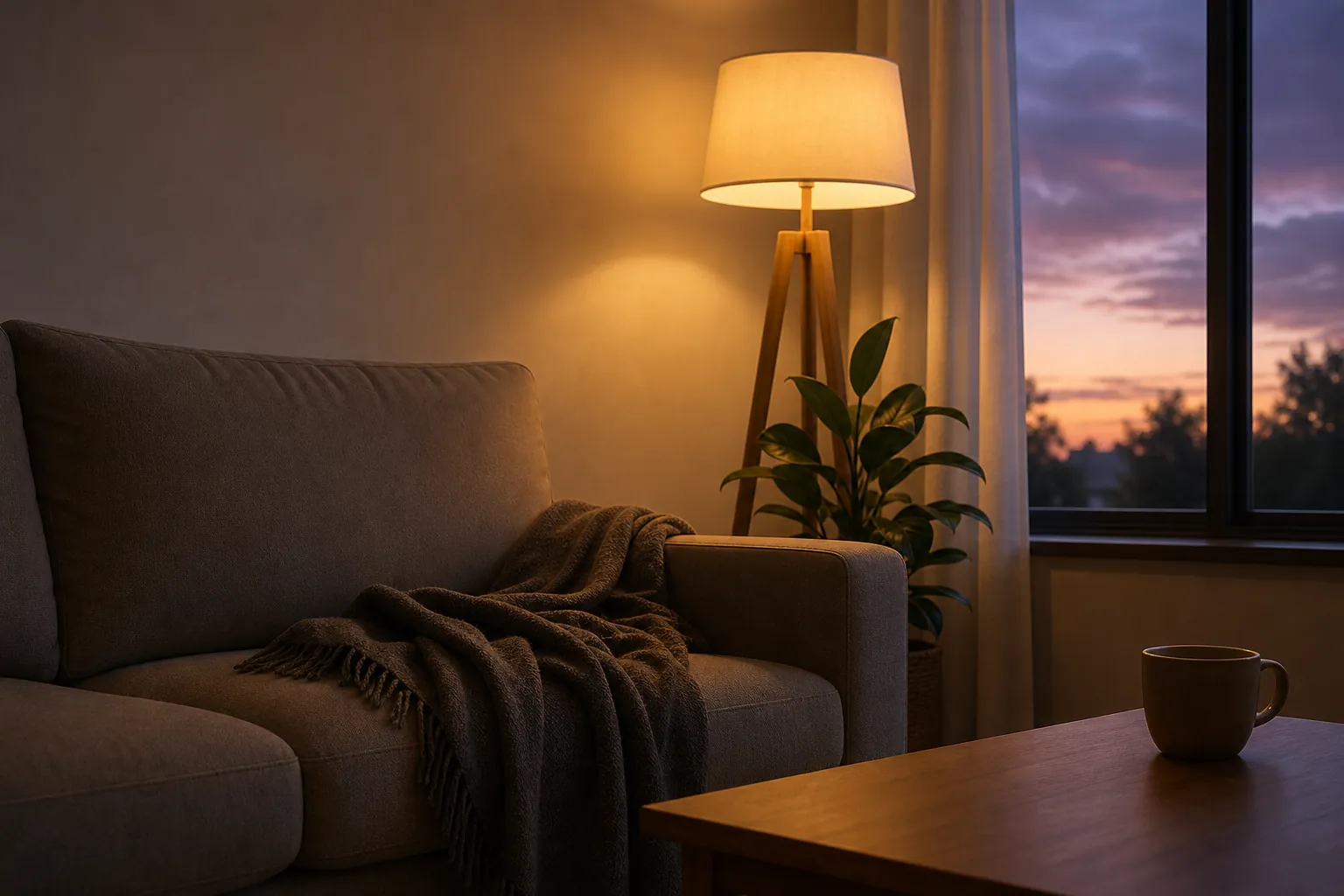 Sofa and lamplight at dusk A sofa with a draped blanket beside a lit floor lamp and potted plant, with a mug on a wooden table and dusk visible through the window.
